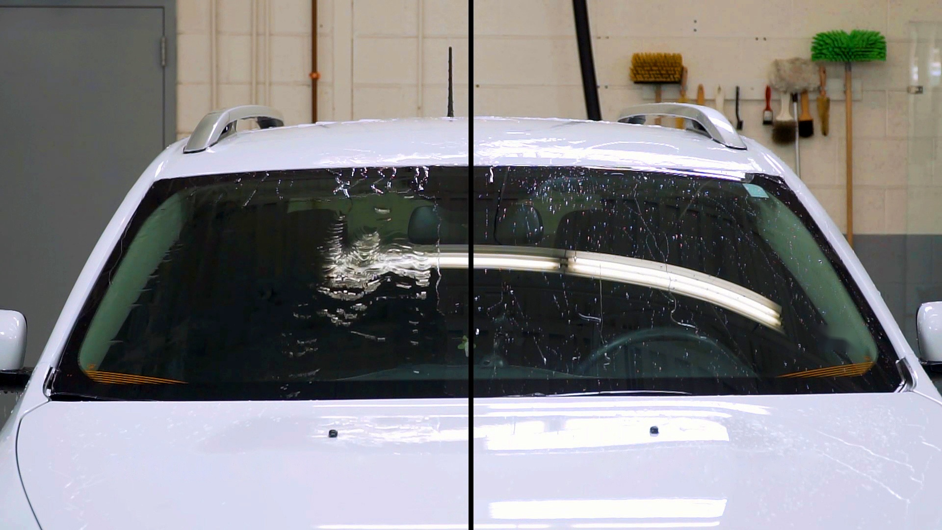 Side-by-side windshield comparison: untreated glass on the left, treated glass on the right