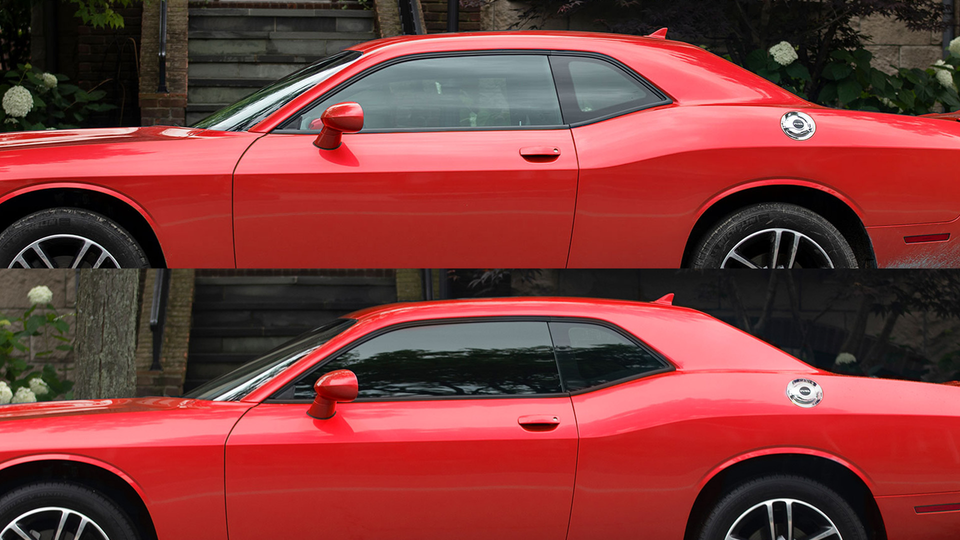 Window_Tint_HPM_5 red car showing a before and after of the HPM window tint series
